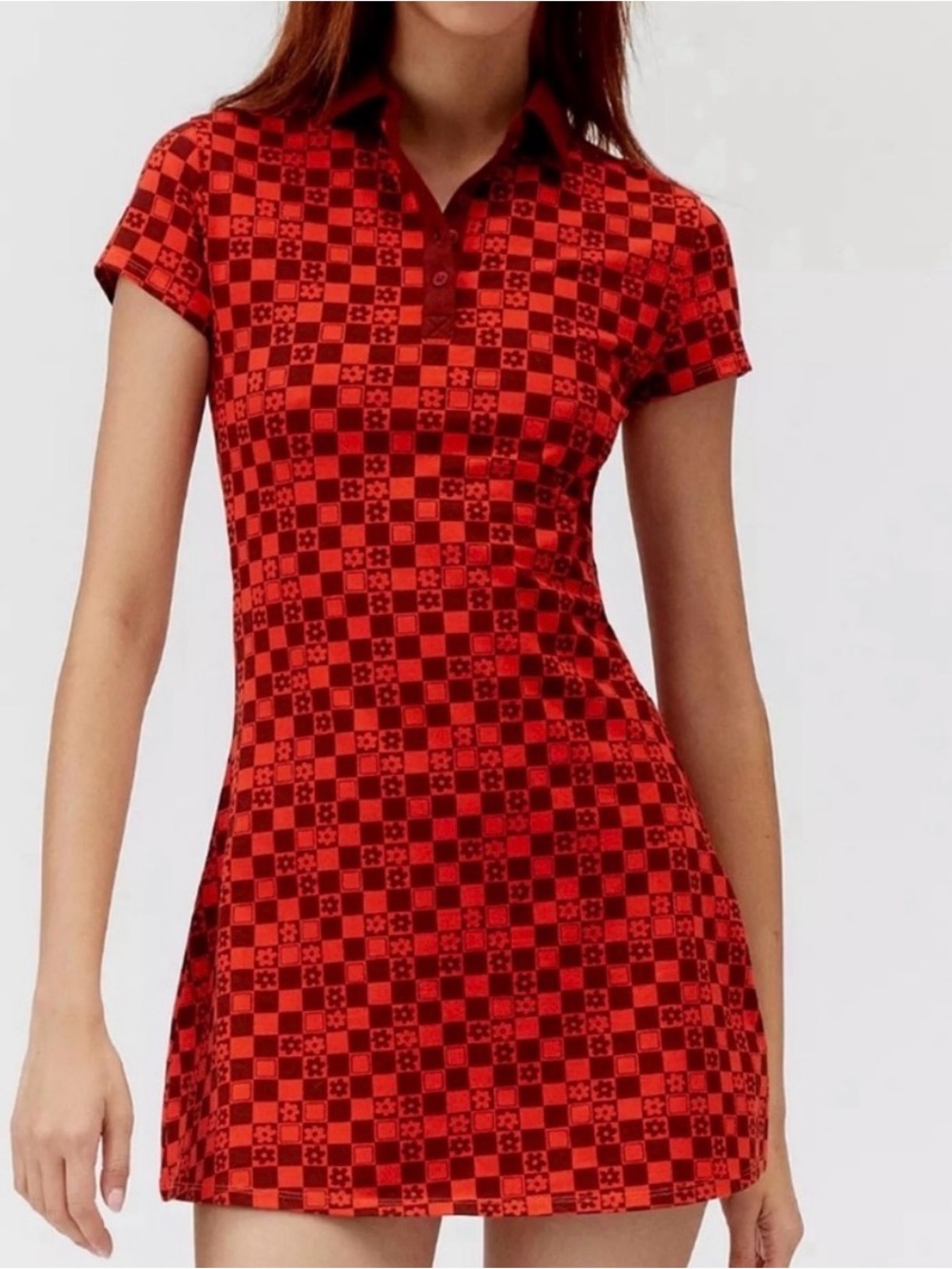 Urban Outfitters Red Checkerboard Floral Polo Mini Dress NWT Size Medium